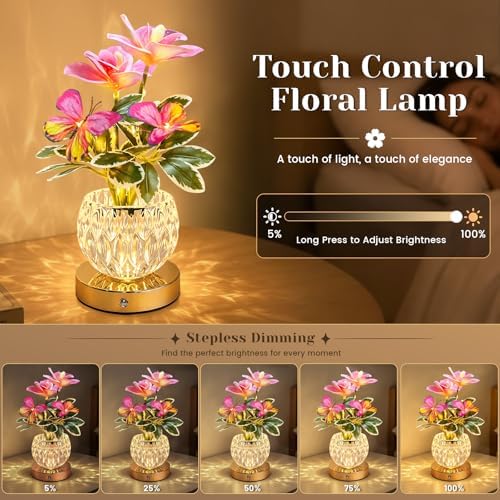 Flower Table Lamp, 3 Colors Touch Stepless Dimming Orchid Night Light, Rechargeable Artificial Flower Light, LED Flower with Vase Lamp Romantic Decor for Date Party Home (Pink - Cymbidium) - Image 2