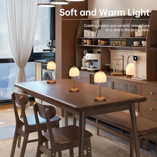Shenmoyl Tulip Table Lamp with 5200mAh Battery & Touch Control, Small Cordless Table Lamp with 3 Colors, Rechargeable Battery Operated Table Lamps for Bedroom, Desk, Bedside (White-Walnut Color) - Image 5