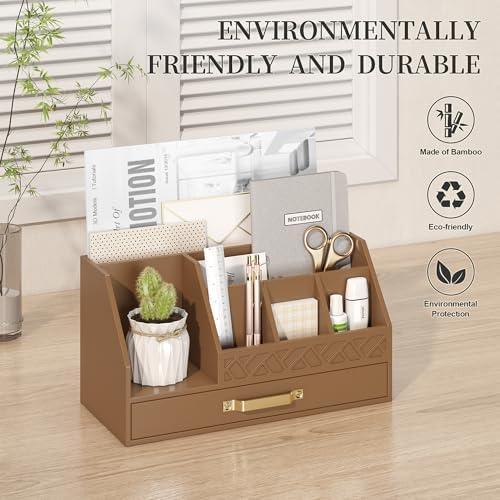 Bamboo Desk Organizer with Drawers, Mail Organizer Countertop Wood Desk Drawer Tabletop Storage Organization Pen Holder Letter Sorter Makeup Organizer for School Home Office (Brown) - Image 6