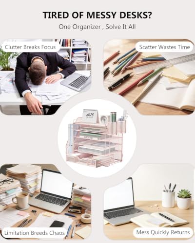 WALI Desk File Organizer, 6 Tier Desktop Paper Letter Tray Organizer with Drawer and 2 Pen Holders, Office Desk Accessories & Workspace Organizers for Office, Home Supplies(DO007DH-P), 1 Pack, Pink - Image 2