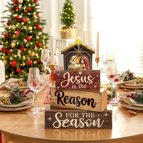 Moucuny 4 Pcs Christmas Table Decor Christian Nativity Scene Wooden Blocks - Image 4