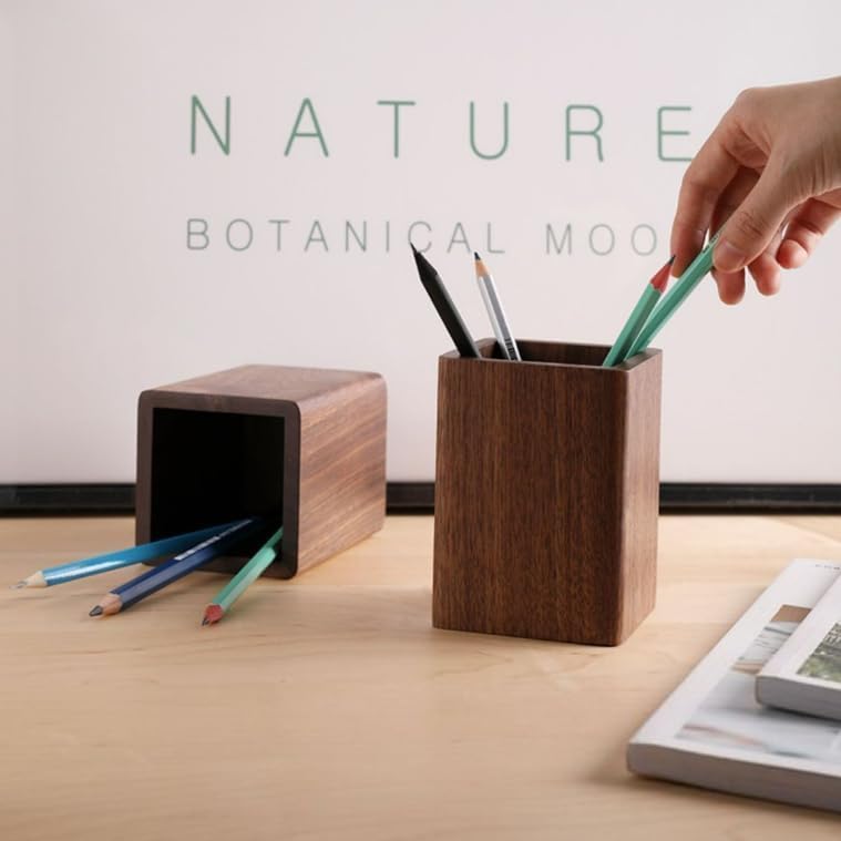 Wooden Pen Holder for Desk, Multi-Functional Pen Cup Pencil Holder for Office School Supplies Storage, Black Walnut Desk Organizer and Accessories（Square） - Image 4