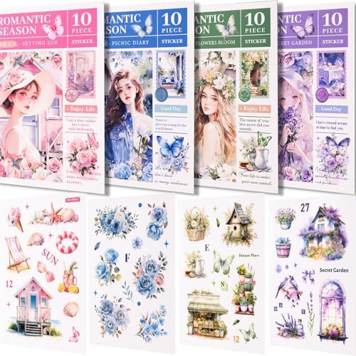 YagCu Journaling Stickers, 40 Sheets Scrapbook Sticker, Romantic Seasons Junk Journal Supplies, Pre-Cut Aesthetic PET Materials, Scrapbooking Stickers for Adults, Decorative Arts Craft by YagCu