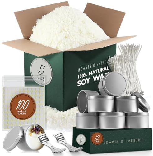 Hearth & Harbor Natural Soy Wax and DIY Candle Making Supplies - 5 Lbs. Soy Candle Wax Flakes, Candle Tin Cans with Lid 12 Pack - 8 oz., 100 Cotton Wicks, and 2 Metal Centering Device by HearthHarbor