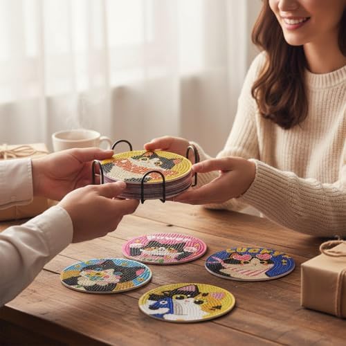 TCDZMYGS 8 Pcs Diamond Art Coasters Kit, Cute Cat Diamond Painting Coasters Kits for Adults, 5D Full Drill Diamond Dot Gem Art Craft Kit with Holder, Fun DIY Non Slip Coaster for Home Decor - Image 7