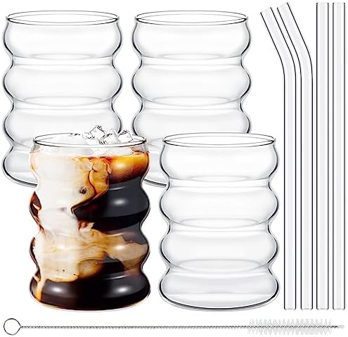 Tessco for you 4 Pcs Creative Glass Cups Vintage Drinking Glasses Ribbed Glassware Aesthetic Cup Entertainment Dinnerware Glassware with Straws Set for Kitchen Coffee Beverage(13.5 oz,Clear) by Tessco