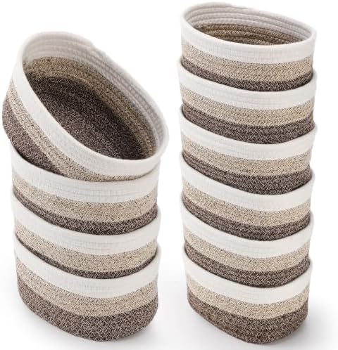 10 Pack Small Woven Baskets, Cotton Rope, White, Natural Linen by LOYIM