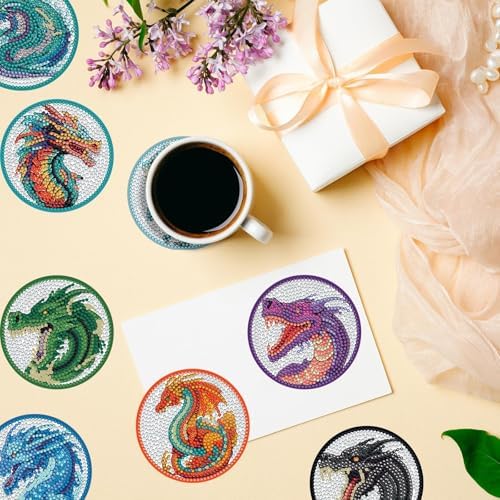 Demonwer 8 Pieces Dragon Diamond Coasters Kits with Holder DIY 3D Dragon Diamond Art Coaster Non Slip Coaster for Adults Diamond Kits Supplies for Christmas Gift - Image 6