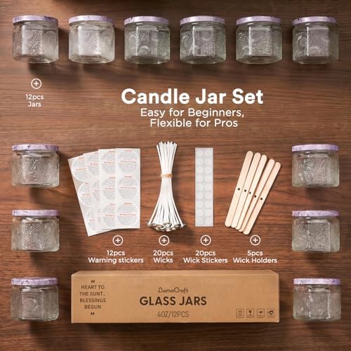 LumaCraft 12 Pack 4oz Glass Candle Jars with Lids, Hexagon Embossed Candle Making Containers, Empty Candle Jars with 20 Wicks & Labels for DIY Candle Making, Party Favors, Home Decor - Image 2