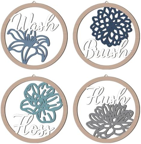 HPNIUB Farmhouse Bathroom Wall Decor, Blooming Floral Wall Art, 4 Pieces 10''x10'' Wash Brush Floss Flush Rustic Wood Plaque, Funny Bathroom Quote Wooden Sign for Home Spa Bathroom Laundry Washroom by HPNIUB