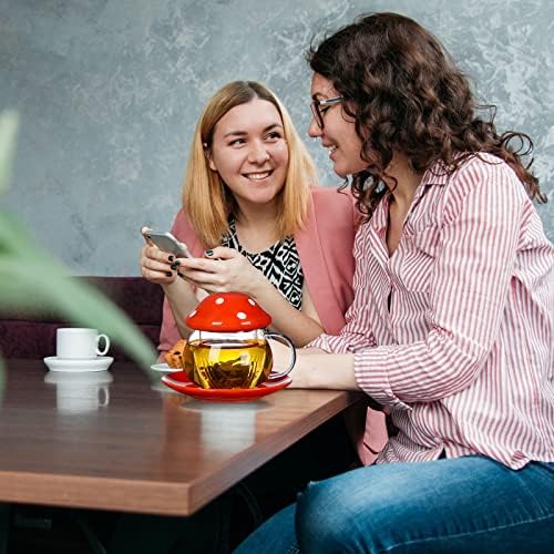 Mushroom Cup Cute Glass Tea Cup with Infuser and Lid Kawaii Mushroom Mug Set Coffee Teapot with Ceramic Coasters 11oz (Blue) - Image 6