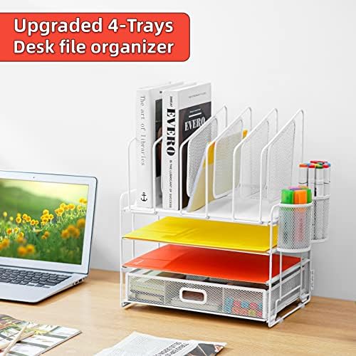 Marbrasse Desk Organizers, 4-Tier Mesh Desk File Organizer with 5 Vertical File Holders and 2 Pen Holders, Multifunction Desktop Organizer,Desk Organizers and Accessories for Home Office (White) - Image 4