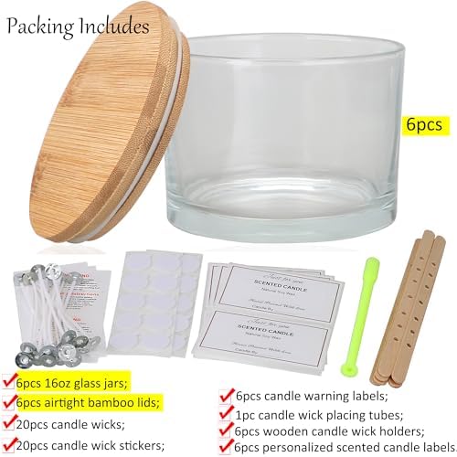 MILIVIXAY 6 Pack 16 oz Candle Jars with Bamboo Lids and Candle Making Kits - 3 Wick Candle Jar,Bulk Empty Clear Thick Glass Jars for Making Large Candles - Spice, Powder Containers. - Image 2