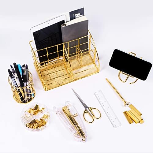 KAAKOW Gold Desk Organizers and Accessories Office Supplies Set Stapler, Pen Holder, Phone Holder, Scissors, Pen, Ruler, 30 Paper Clips, 22 Binder Clip, 20 Tacks and 1000pcs Staples (Gold) - Image 6