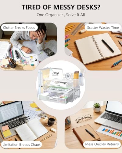 WALI Desk File Organizer, 4 Tier Desktop Paper Letter Tray Organizer with Drawer and 2 Pen Holders, Office Desk Accessories & Workspace Organizers for Office, Home Supplies(DO005DH-W), 1 Pack, White - Image 3