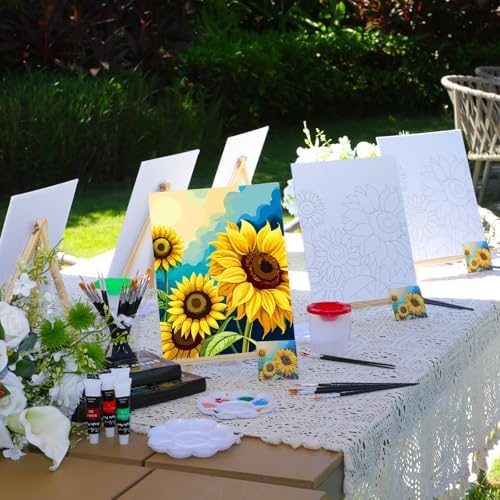 Cholemy 8 Set Paint and Sip Kit for Adults 8'' x 10'' Pre Drawn Canvas with Wooden Easels Acrylic Paint Brushes Wash Cup Palette Apron for Painting DIY Date Night Party Supplies(Sunflower) - Image 2