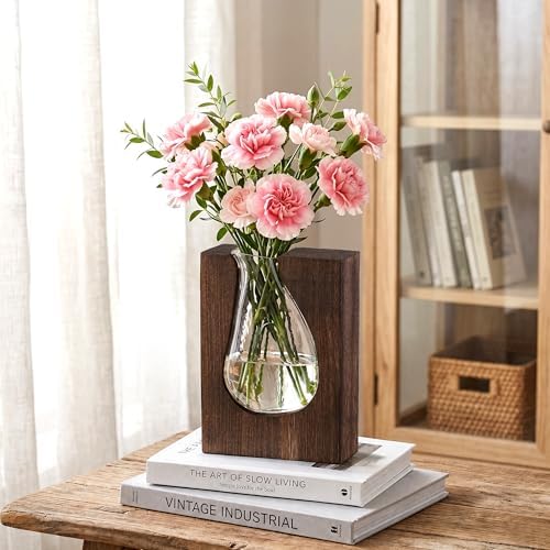 Wood and Glass Inlay Vases Farmhouse Wooden Glass Flower Vase Solid Wood Glass Vase Home Decor Vases for Centerpiece (9.3 Inches) - Image 3