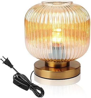 Mid Century Side Table Lamps Gold Desk lamp Amber Glass Small Table lamp Bedside nightstand lamp Globe Table lamp for Bedroom Living Room Office end Table by Auwieou
