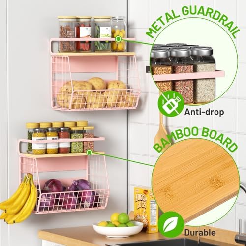 Magnetic Shelf for Fridge with Wood Lid, Fruit Potato and Onion Storage Bins, Pantry Organizers & Storage, Large Container Magnetic Spice Rack for Refrigerator, Kitchen Counter, Cabinet (Pink, 2) - Image 2