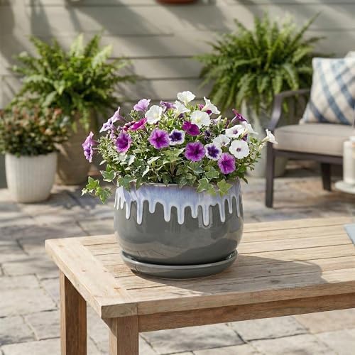 Ceramic Flower Pots, 9 Inch Planters for Indoor Plants, Grey-Blue - Image 3