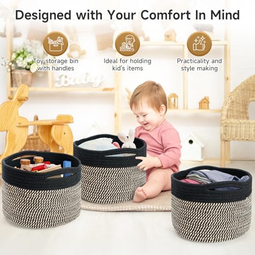 3 Pack Small Rope Storage Baskets, 9.82×9.82×7.1", Brown+Black - Image 3