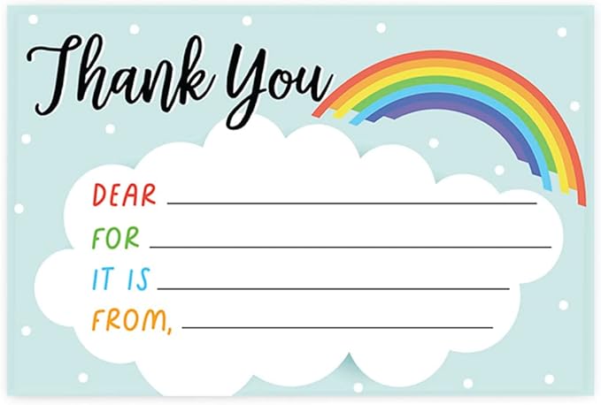 Andaz Press Kids Fill in the Blank Thank You Cards 20 Cards Including Envelopes Rainbows and Clouds Gender Neutral Note Cards For Boys Girls Birthday Thank You Notes for Friends Family Party Guests