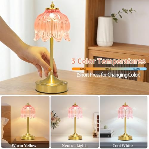 Cordless Table Lamp, Rechargeable Pink Glass Lotus Flower Lamp - Image 3