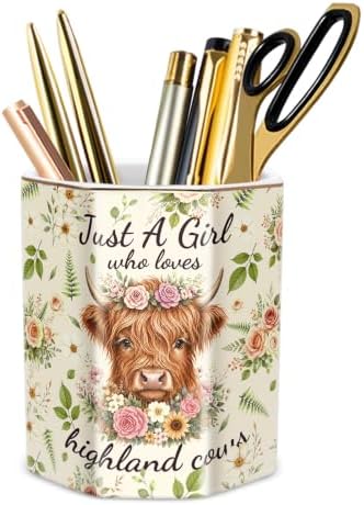 Pen Holder for Desk Ceramic, Desk Organizer for Office, Highland Cow by WAVEYU