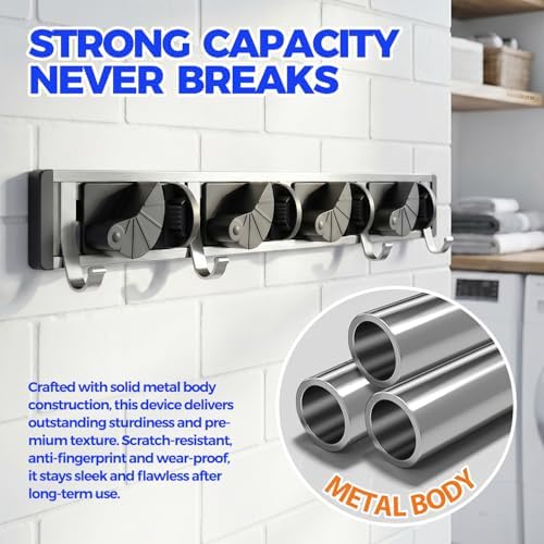 Holikme Mop Broom Holder Wall Mount Metal Pantry Organization and Storage Garden Kitchen Tool Organizer Wall Hanger for Home Goods (4 Positions with 4 Hooks, Black) - Image 2