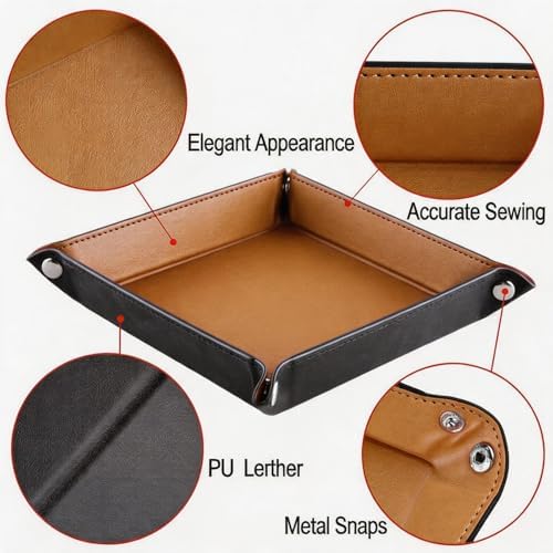 Valet Tray Desktop Storage Organizer, Vegan Leather Catchall Tray Bedside Vanity Tray Nightstand Caddy Holder for Remote Controller, Watch, Keys, Phone, Wallet, Sunglasses, Jewelry, Khaki - Image 5