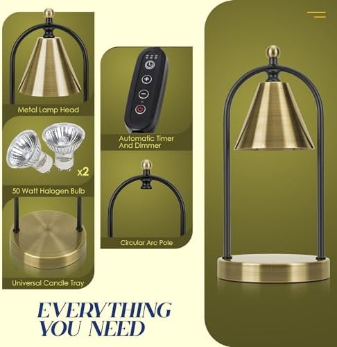 Candle Warmer Lamp with Timer, Electric Brass Light for Dimmable Wax Melts and Candle Jars, Bedroom Lamp Gifts for Women Home Decor (2 Bulbs) - Image 3