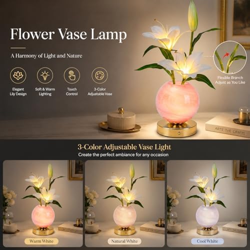 Lily Table Lamp, 3 Color Planet Night Light, Rechargeable Cordless Touch Dimming Artificial Flower Light, LED Flower Bedside Lamp Romantic Gifts for Girl Women Mom (White Lily - Pink Vase) - Image 3