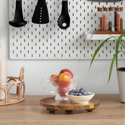 Small Round Decorative Tray Acacia Wood Bathroom Counter Organizer Pedestal Stand Farmhouse Kitchen Decor Wooden Riser for Soap Dish, Perfume, Candle, Sponge, 9" - Image 6