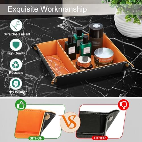 SITHON Valet Tray Desktop Storage Organizer, Removable 2 Compartments Catchall Tray Bedside Vanity Nightstand Caddy Holder Desk Storage Plate, Orange - Image 4