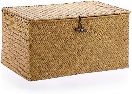 Hipiwe Wicker Shelf Baskets Bin with Lid Woven Seagrass Storage Box, Large by Hipiwe