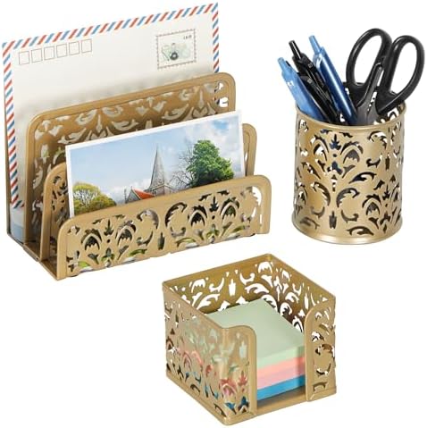 EasyPAG Desk Organizers and Accessories 3 Pieces Office Organizer Set - Pen Holder for Desk, Mail Sorter Countertop and Sticky Note Holder, Gold by EasyPAG