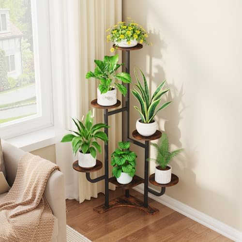 Homsorout Corner Plant Stand with Grow Light - 6 Tier Plant Stand Indoor Round Metal Plant Shelf with Adjustable Light, Plant Organizer for Living Room, Garden, Home Decor, Brown - Image 2