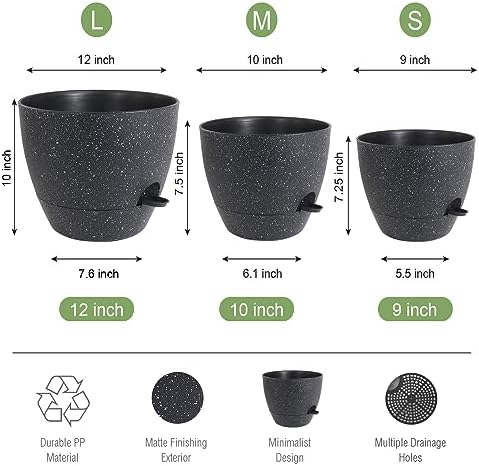 UOUZ Large Self Watering Pots, 12/10/9 Plastic Planters with High Drainage Holes and Deep Reservoir for Indoor Outdoor Garden Plants and Flowers, Black Speckles - Image 2