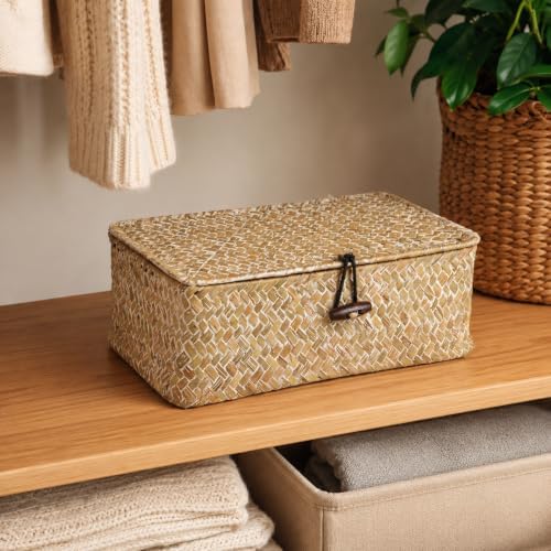 Seagrass Wicker Storage Basket with Lid, Small, Whitewash - Image 7