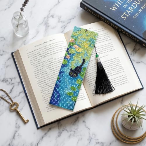 8 Pack Diamond Art Bookmark of Black Cat Oil Painting Design with Tassel - Image 7