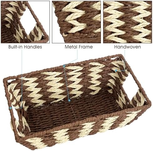 Paper Rope Storage Baskets for Shelves Organizing, Small Hand Woven Wicker Organizer Basket with Handle for Bathroom Toilet Paper Storage, Beige and Brown, 3-Pack - Image 3