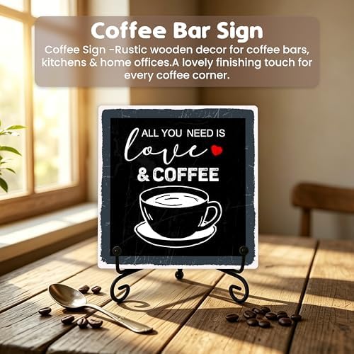 Coffee Bar Sign, All You Need Is Love and Coffee Quote Sign, 5x5 Wood Plaque with Iron Stand, Kitchen Cafe Tabletop Decor – A03 - Image 4