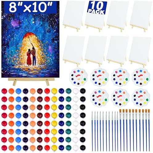 10 Pack 8x10 Inch Canvas and Easel Set, Sip and Paint Kit for Adults,Art Canvas Bulk with Easels Stands, Trays,Small Paint Brushes,12 Colors Mini Acrylic Paint Set for Couples and Party Supplies by Unknown