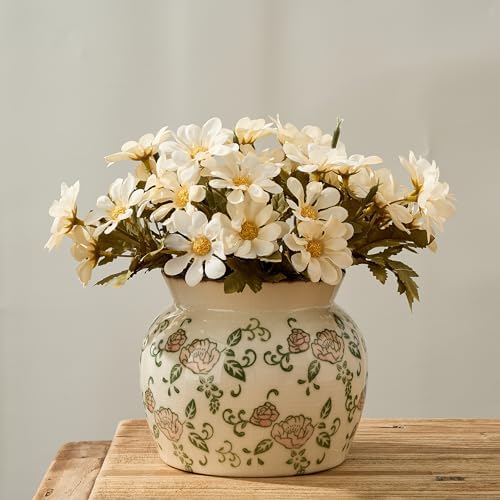 SIDUCAL Ceramic Red Rose Floral Vase with Wide Mouth Lace, 4.84 Inch Cracked Chinoiserie Rustic Farmhouse Vases, Pastoral Retro Vase for Home Decor, Table, Living Room, Bathroom, Shelf, Wedding by SIDUCAL