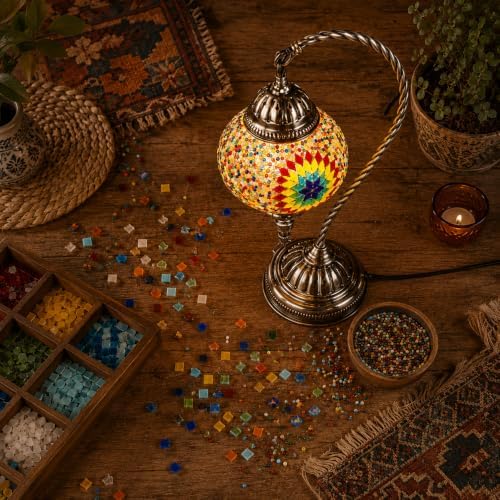 KRAFTSTORIES Turkish Mosaic Swan Neck Lamp Making Kit| DIY Colorful Glass Decorative Nightstand Table Light| Craft Kit |Make Your Own Lamp | Living Room Bedroom | Antique Bronze Base (Multicolor) - Image 5