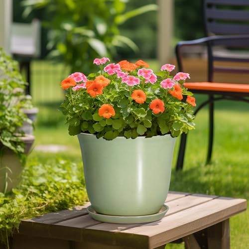 Ceramic Planter - 12 Inch Plant Pot for Indoor Outdoor, Round Planter with Drainage Hole and Saucer, Large Plant Pot, Modern Flower Pots, Home Garden Apartment Decor, Gardening Gifts, Green - Image 4