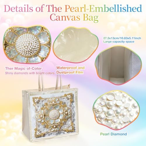 Xylzzuit DIY Pearl Painting Canvas Tote Bag Kit 11.42IN Diamond Art Handbag for Women Shopping Grocery Bag Dots Beads Art Craft Gift (Flower02) - Image 3