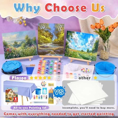 Flasoo 6 Pack 8x10 Canvas Painting Kit, 75 PCS Sip and Paint Kit, Paint and Sip Kit for Adults with Acrylic Paint, 32 Brushes, Palettes, Aprons, Tablecloth, Folding Cups for Paint Night, Gift - Image 2