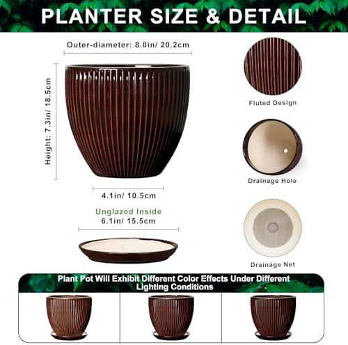8 Inch Flower Pot, Ceramic Planters with Drainage Hole and Plant Saucer, Round Planters for Indoor Plants, Modern Plant Pot, Decorative Planter, Home Entryway Decor, Women Men Gifts, Brown - Image 2