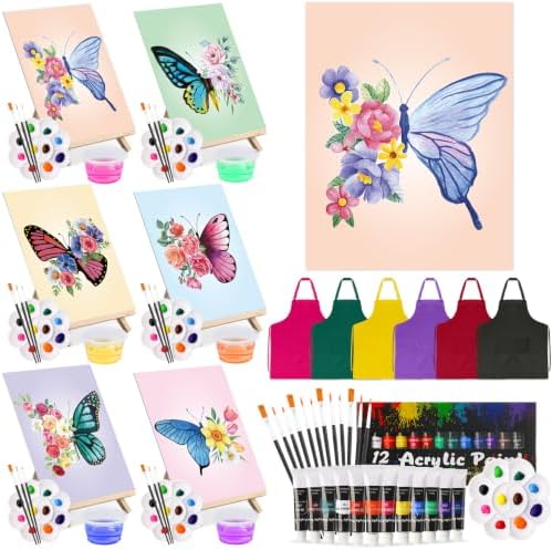 Cholemy 6 Set Paint and Sip Kit for Adults 8"x 10" Pre Drawn Canvas Painting with Wooden Easel Acrylic Paint Wash Cup Brushes Palette Apron for Painting DIY Adult's Date Party Supplies (Butterfly) by Cholemy